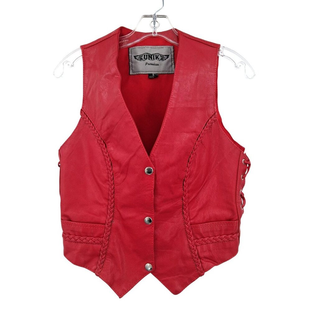 Unik Red Leather Vest Lace-Up Sides Size Small Snap Closure Braided Accents VTG